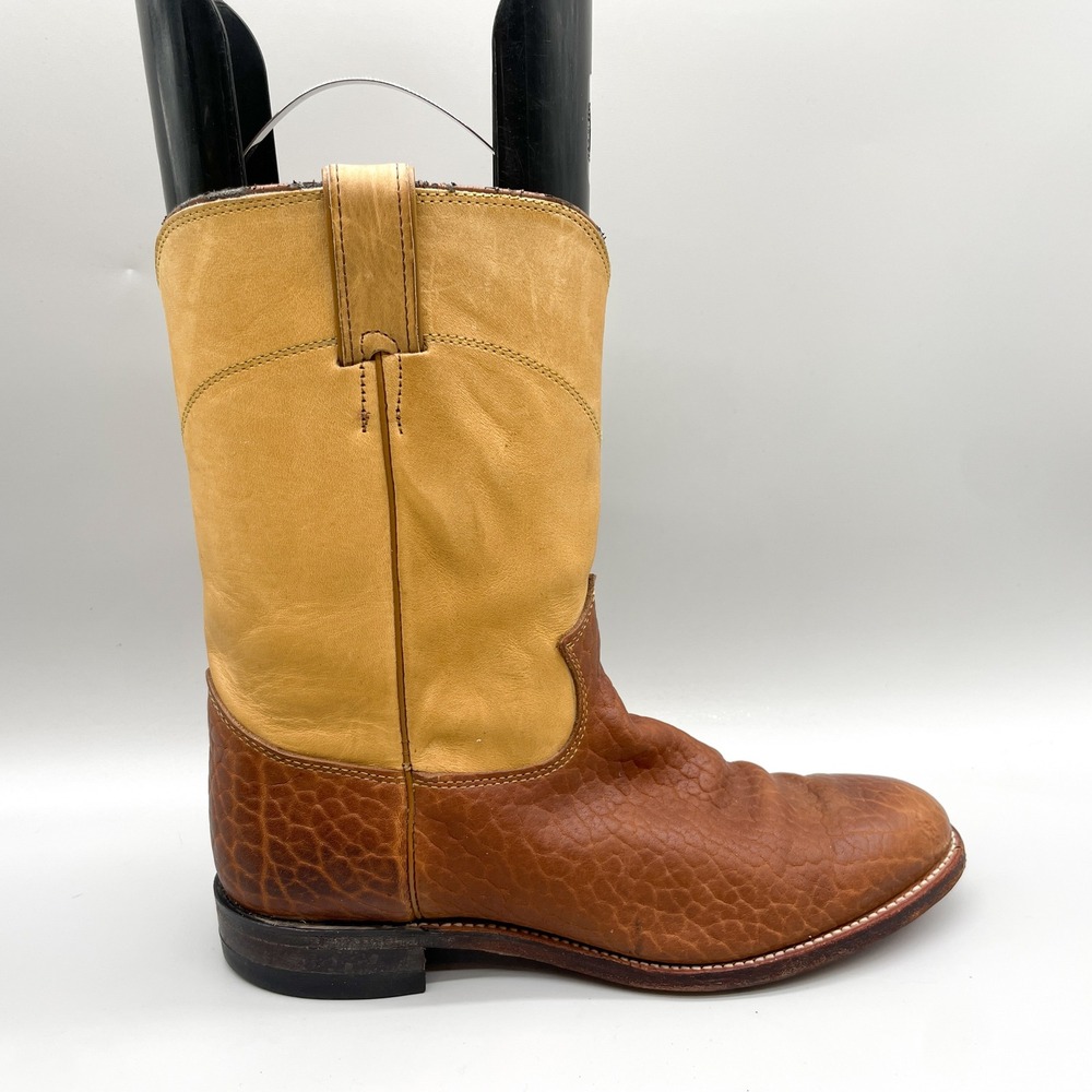 Justin Mens 10 D Vintage Cowboy Boots Two Tone Brown Tan Bullhide Leather Rugged